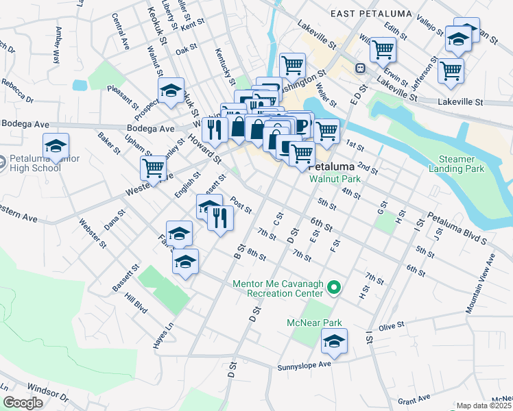 map of restaurants, bars, coffee shops, grocery stores, and more near 612 B Street in Petaluma