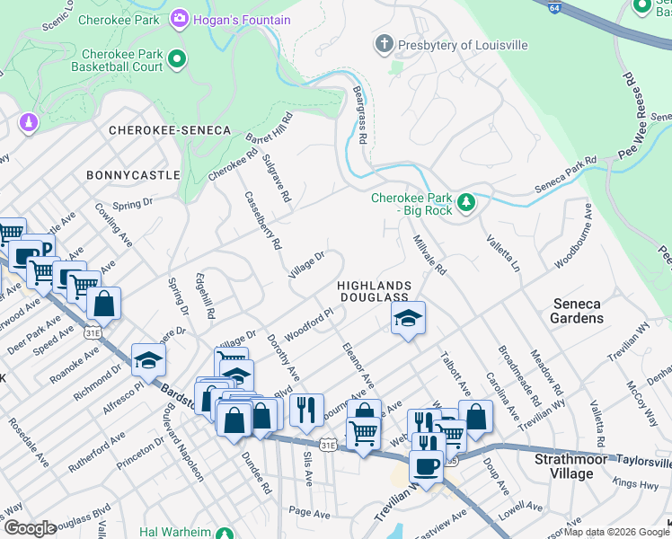 map of restaurants, bars, coffee shops, grocery stores, and more near 2317 Village Drive in Louisville