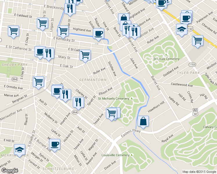 map of restaurants, bars, coffee shops, grocery stores, and more near 1129 Ellison Avenue in Louisville