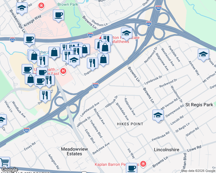 map of restaurants, bars, coffee shops, grocery stores, and more near 4107 Blossomwood Drive in Louisville