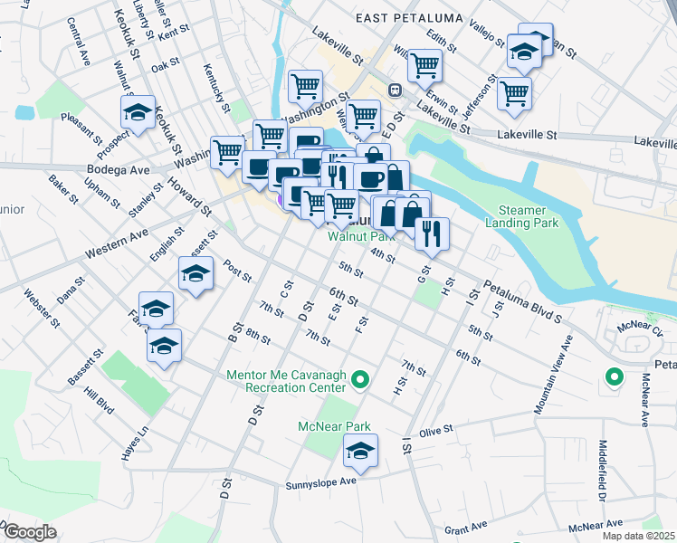 map of restaurants, bars, coffee shops, grocery stores, and more near 224 5th Street in Petaluma