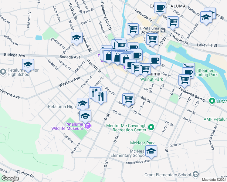 map of restaurants, bars, coffee shops, grocery stores, and more near 612 B Street in Petaluma