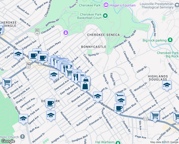 map of restaurants, bars, coffee shops, grocery stores, and more near 2124 Maryland Avenue in Louisville