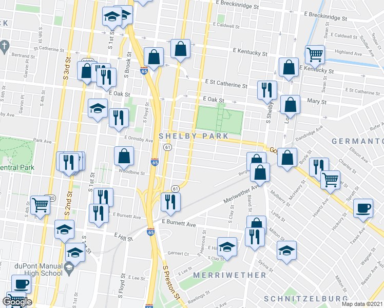 map of restaurants, bars, coffee shops, grocery stores, and more near 510 East Ormsby Avenue in Louisville