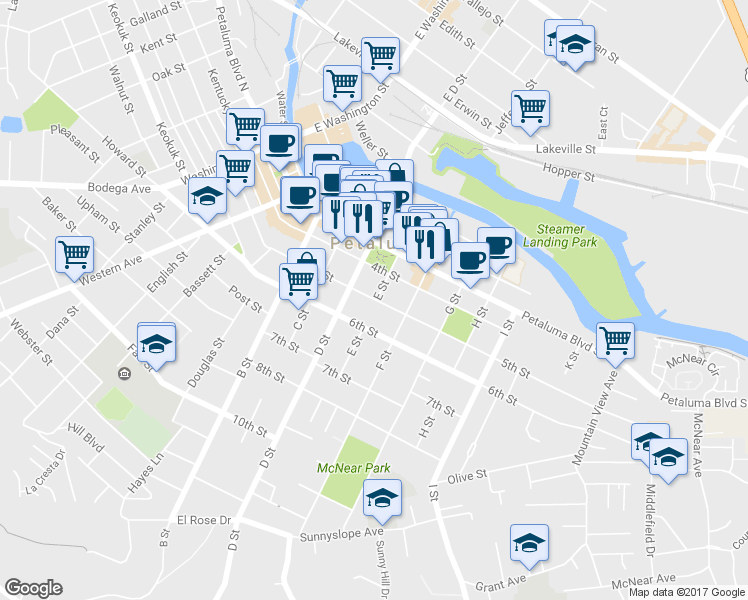 map of restaurants, bars, coffee shops, grocery stores, and more near 224 5th Street in Petaluma