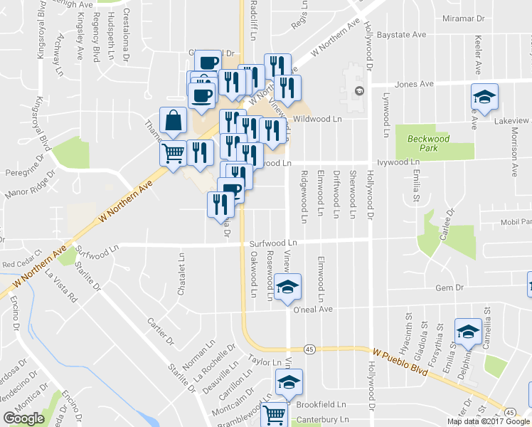 map of restaurants, bars, coffee shops, grocery stores, and more near 3944 Redwood Ln in Pueblo