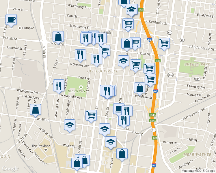 map of restaurants, bars, coffee shops, grocery stores, and more near 1354 South 2nd Street in Louisville