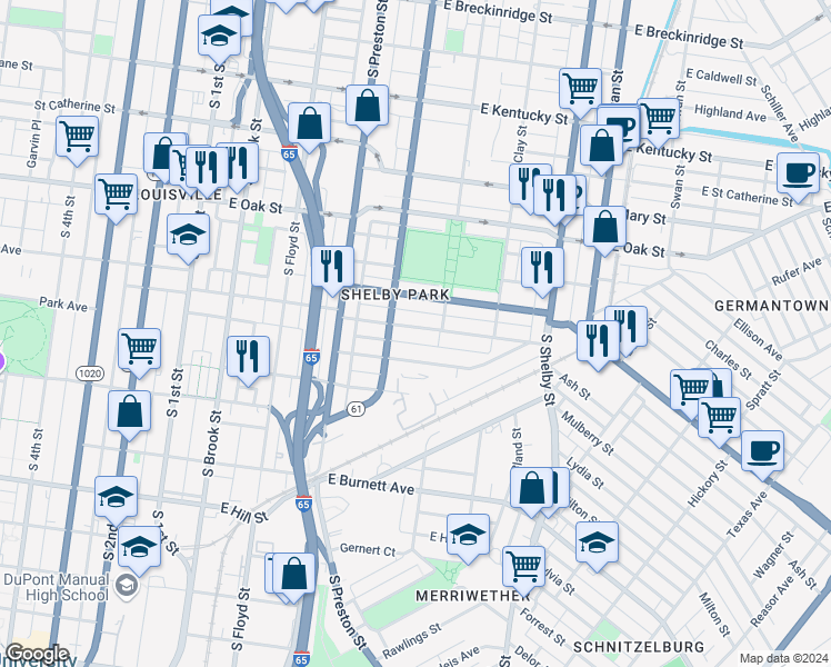 map of restaurants, bars, coffee shops, grocery stores, and more near 520 East Ormsby Avenue in Louisville