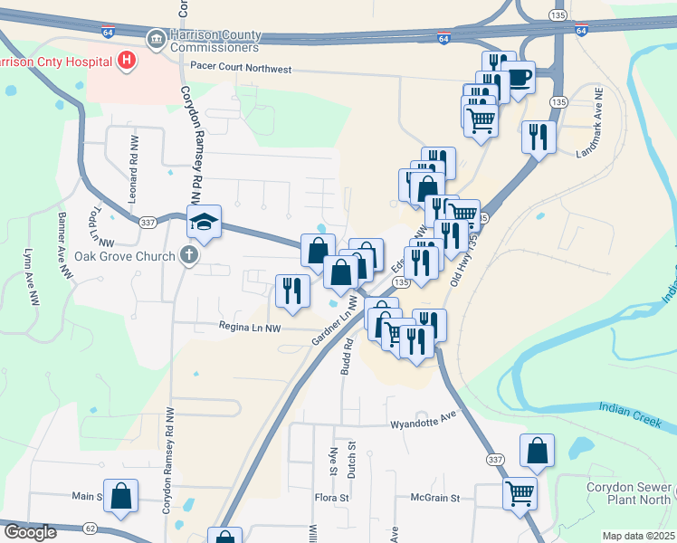 map of restaurants, bars, coffee shops, grocery stores, and more near 1999 Allison Lane Northwest in Corydon