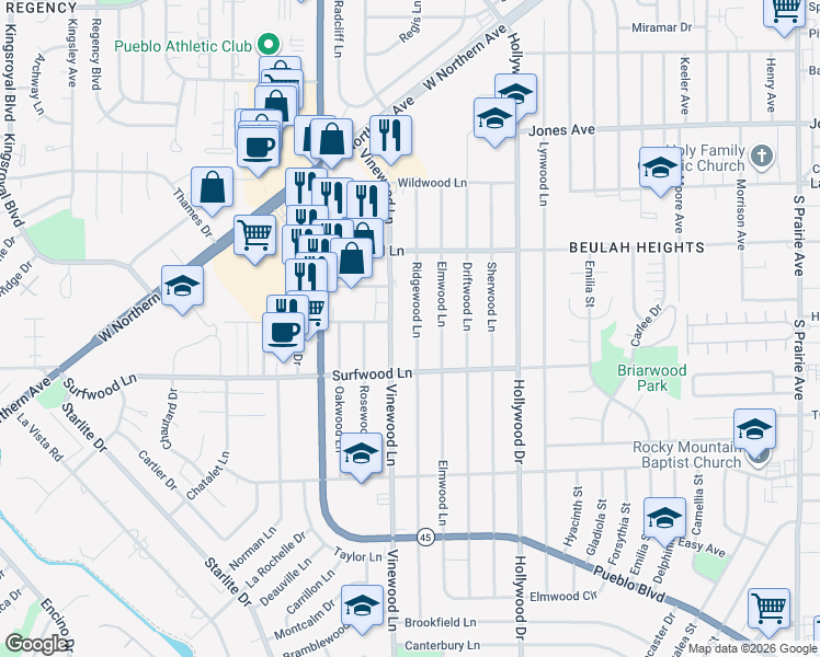 map of restaurants, bars, coffee shops, grocery stores, and more near 2048 Vinewood Lane in Pueblo