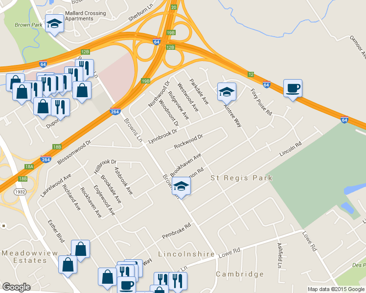 map of restaurants, bars, coffee shops, grocery stores, and more near 4334 Rockwood Drive in Louisville