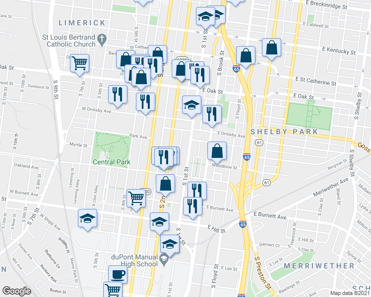 map of restaurants, bars, coffee shops, grocery stores, and more near 1348 South 1st Street in Louisville