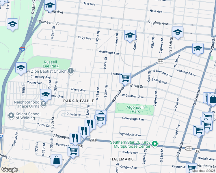 map of restaurants, bars, coffee shops, grocery stores, and more near 1533 South 30th Street in Louisville