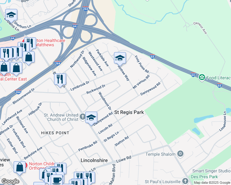 map of restaurants, bars, coffee shops, grocery stores, and more near 4414 Brookhaven Avenue in Louisville