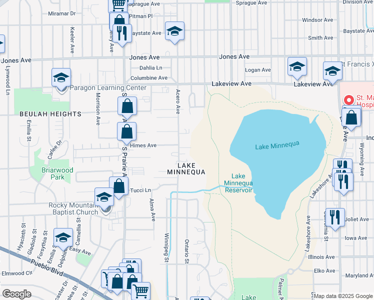 map of restaurants, bars, coffee shops, grocery stores, and more near 2318 Cameron Street in Pueblo