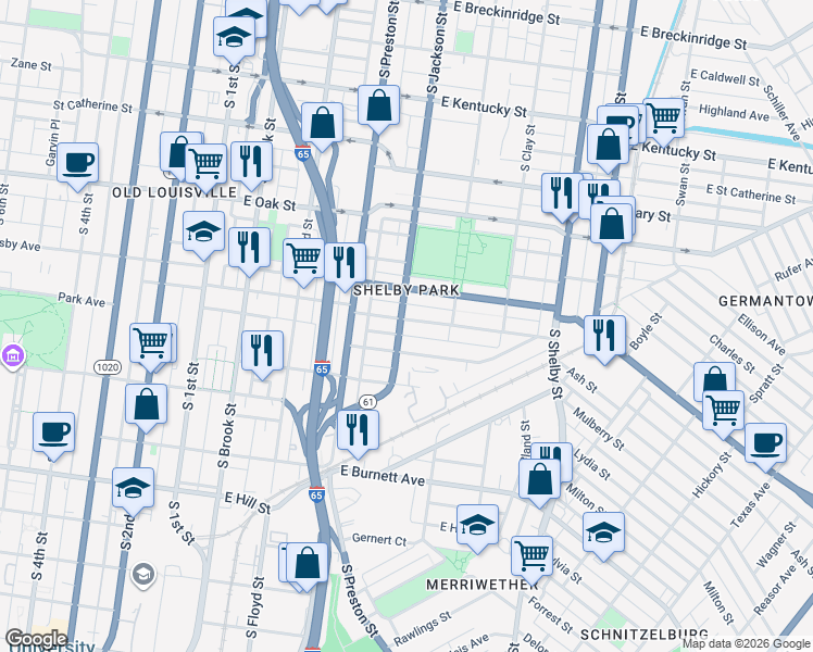 map of restaurants, bars, coffee shops, grocery stores, and more near 510 East Ormsby Avenue in Louisville