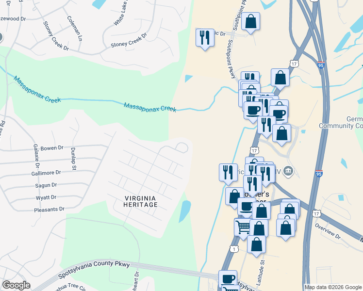 map of restaurants, bars, coffee shops, grocery stores, and more near 9796 Big Bethel Circle in Fredericksburg