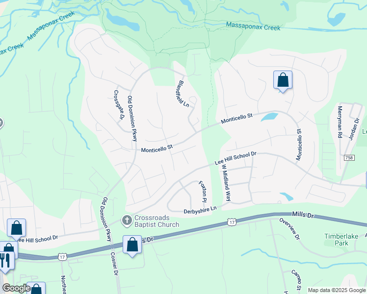 map of restaurants, bars, coffee shops, grocery stores, and more near 4209 Oakhill Road in Fredericksburg