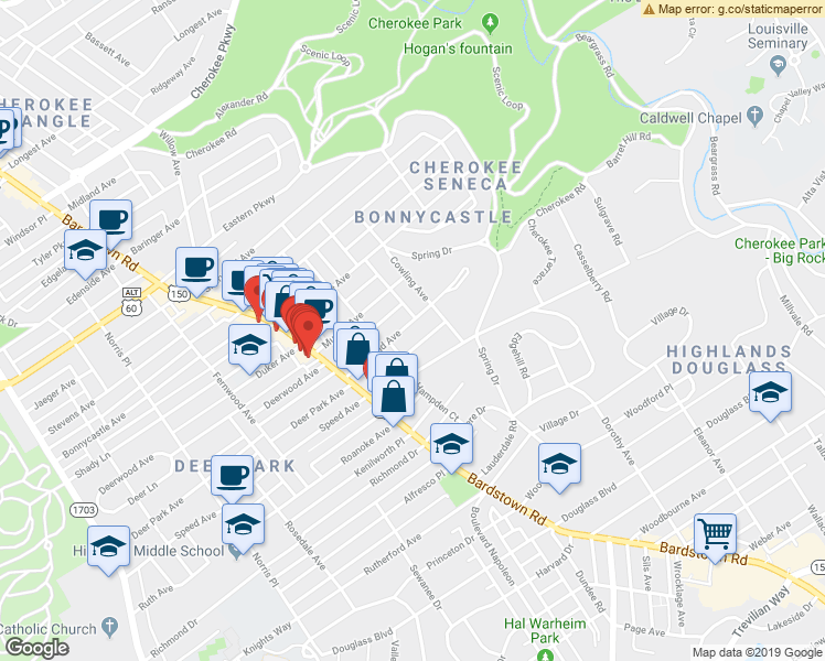 map of restaurants, bars, coffee shops, grocery stores, and more near 2124 Maryland Avenue in Louisville