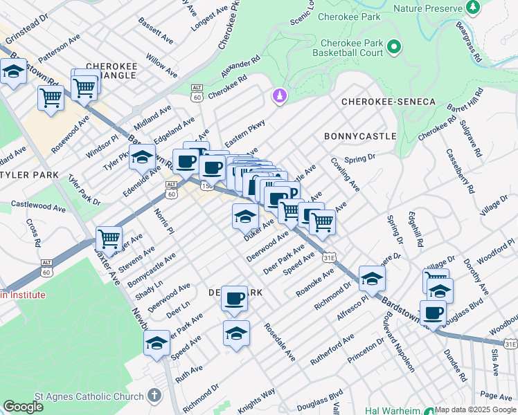 map of restaurants, bars, coffee shops, grocery stores, and more near 1951 Bonnycastle Avenue in Louisville