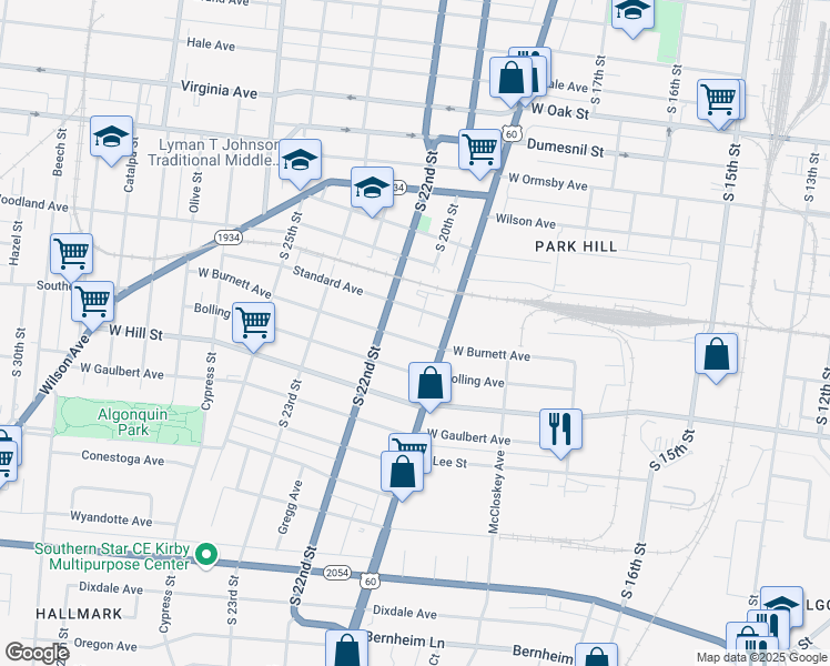 map of restaurants, bars, coffee shops, grocery stores, and more near 1825 West Burnett Avenue in Louisville