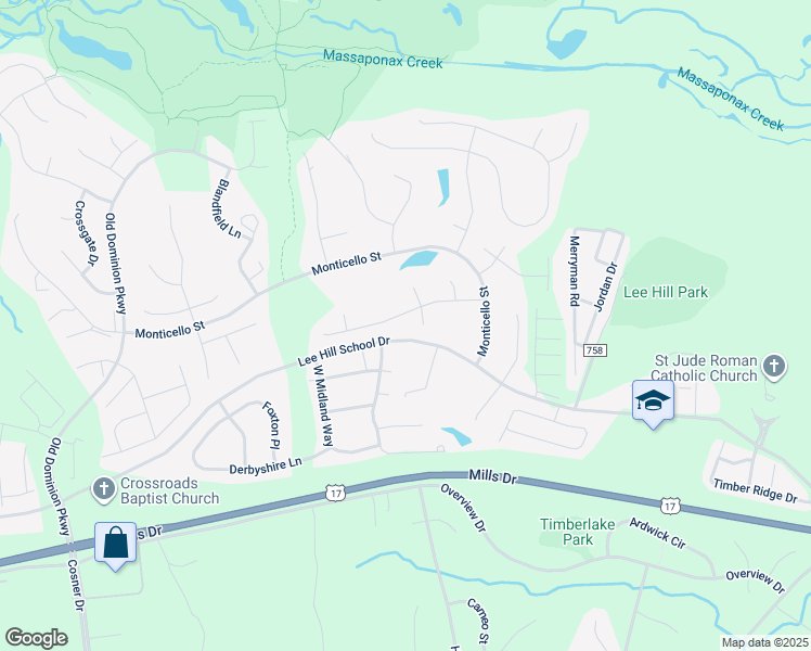 map of restaurants, bars, coffee shops, grocery stores, and more near 4104 Mossy Bank Ln in Fredericksburg