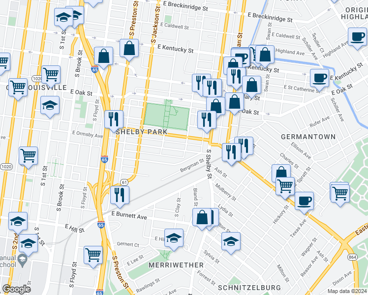 map of restaurants, bars, coffee shops, grocery stores, and more near 641 East Ormsby Avenue in Louisville