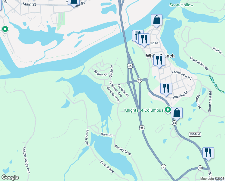 map of restaurants, bars, coffee shops, grocery stores, and more near Barclay Loop in Warsaw