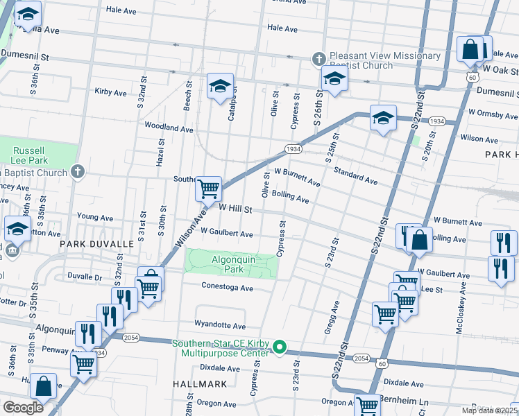 map of restaurants, bars, coffee shops, grocery stores, and more near 1486 Olive Street in Louisville
