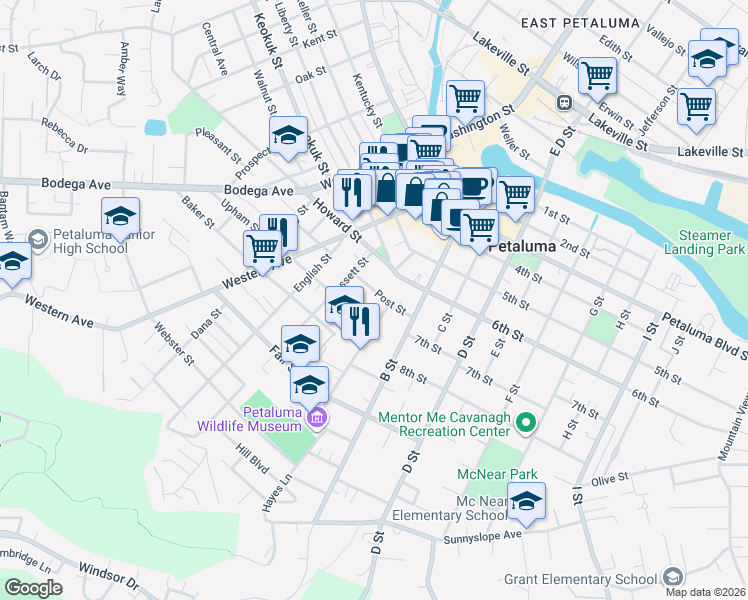 map of restaurants, bars, coffee shops, grocery stores, and more near 31 Post Street in Petaluma