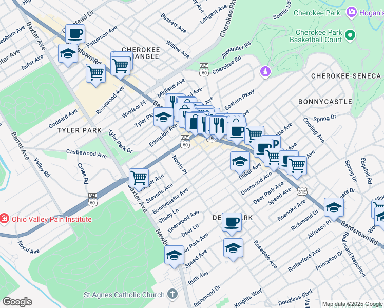 map of restaurants, bars, coffee shops, grocery stores, and more near 1820 Sherwood Avenue in Louisville