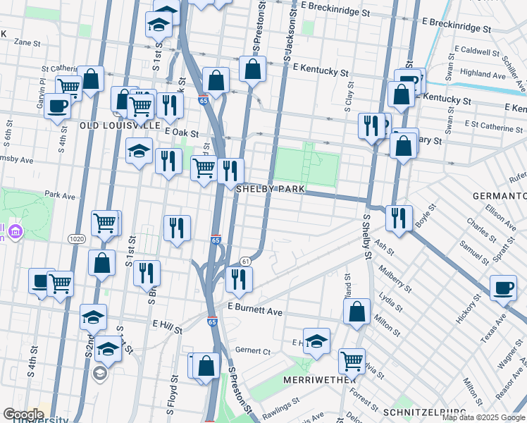 map of restaurants, bars, coffee shops, grocery stores, and more near 418 East Ormsby Avenue in Louisville