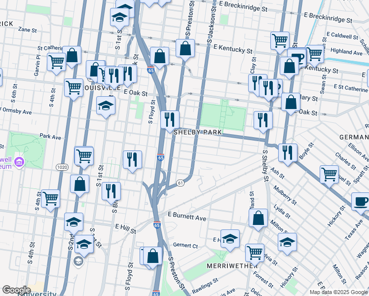 map of restaurants, bars, coffee shops, grocery stores, and more near 418 East Ormsby Avenue in Louisville