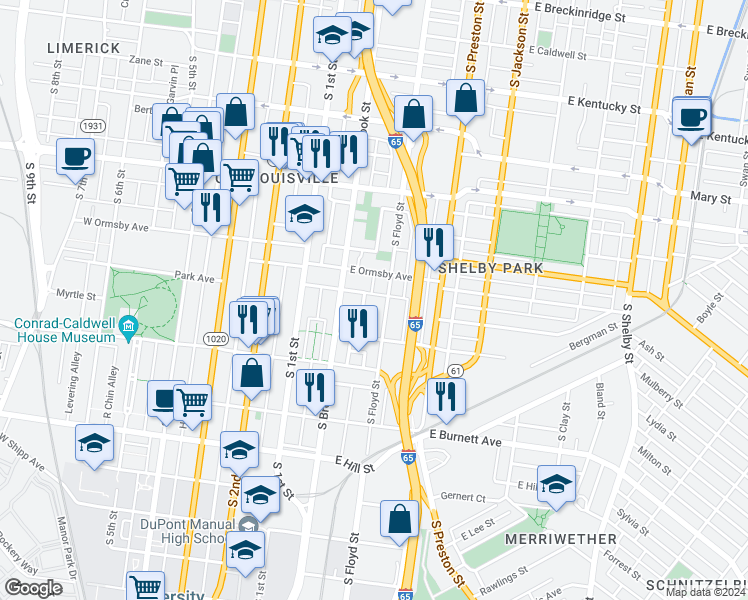 map of restaurants, bars, coffee shops, grocery stores, and more near 1329 South Brook Street in Louisville