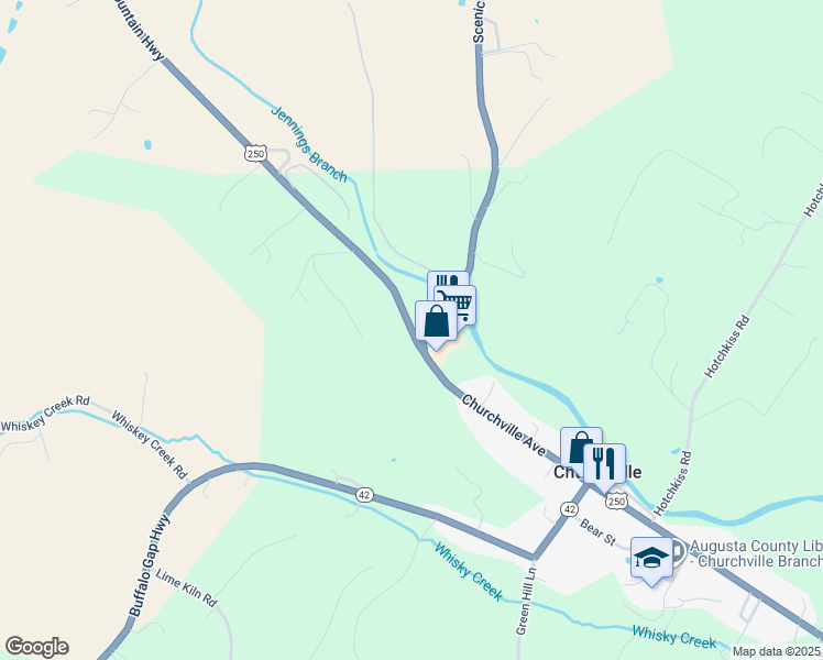 map of restaurants, bars, coffee shops, grocery stores, and more near 408 Hanky Mountain Highway in Churchville