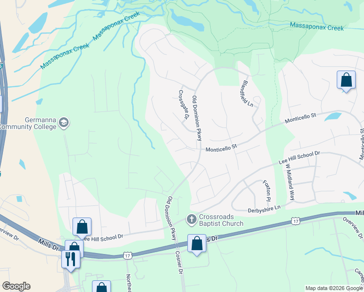 map of restaurants, bars, coffee shops, grocery stores, and more near 4301 Cider Barrel Court in Fredericksburg