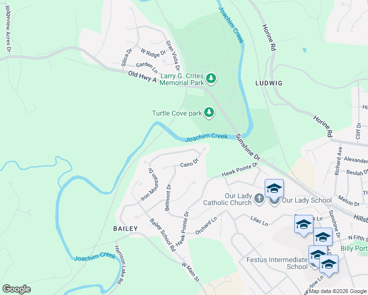 map of restaurants, bars, coffee shops, grocery stores, and more near 1819 Iron Mountain Drive in Festus