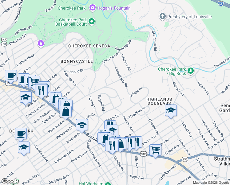 map of restaurants, bars, coffee shops, grocery stores, and more near 1838 Lauderdale Road in Louisville