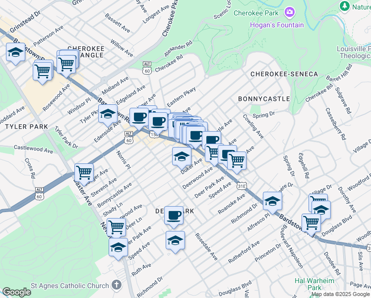 map of restaurants, bars, coffee shops, grocery stores, and more near 1951 Bonnycastle Avenue in Louisville