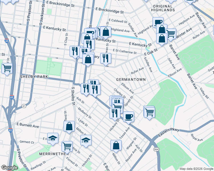 map of restaurants, bars, coffee shops, grocery stores, and more near 938 Charles Street in Louisville