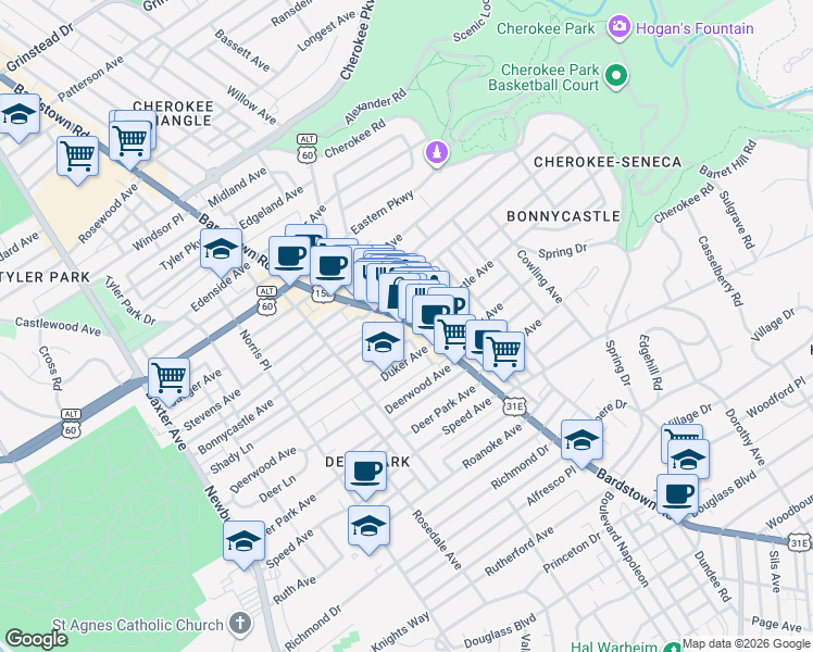 map of restaurants, bars, coffee shops, grocery stores, and more near 1951 Bonnycastle Avenue in Louisville