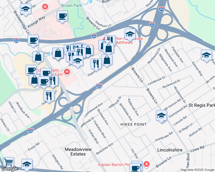 map of restaurants, bars, coffee shops, grocery stores, and more near 4107 Blossomwood Drive in Louisville