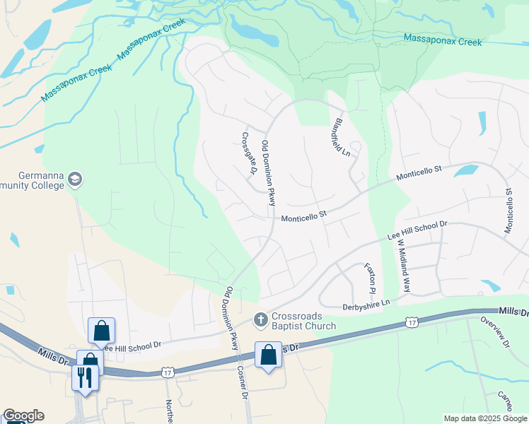 map of restaurants, bars, coffee shops, grocery stores, and more near 10000 Sandwedge Court in Fredericksburg