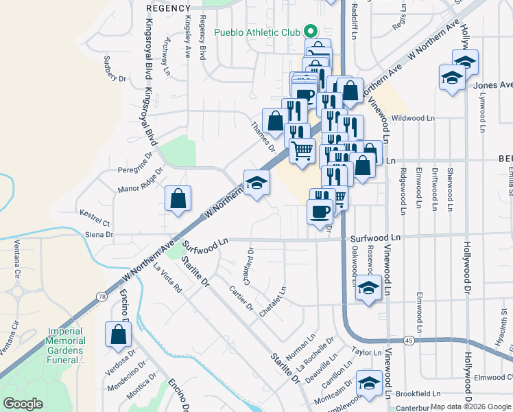 map of restaurants, bars, coffee shops, grocery stores, and more near 4202 Colorado 78 in Pueblo