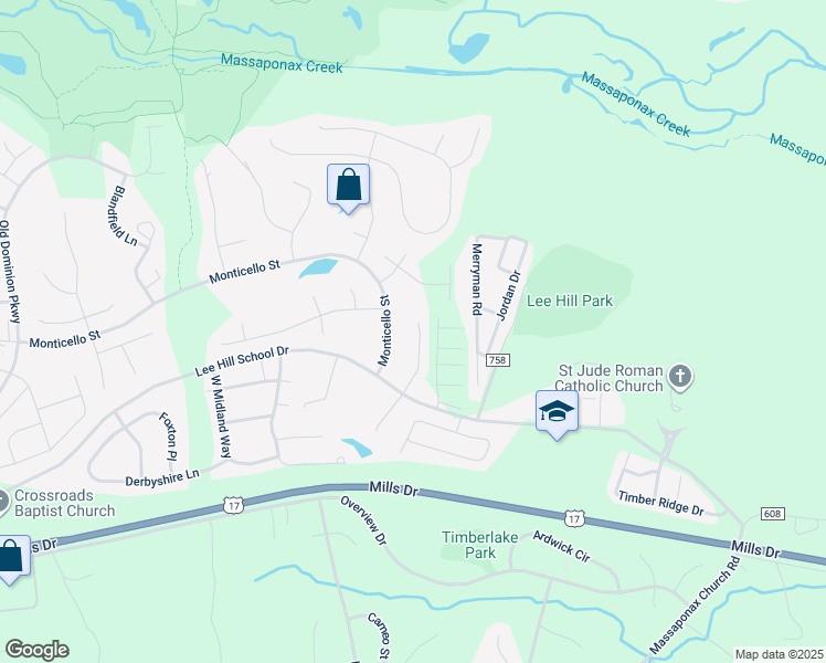 map of restaurants, bars, coffee shops, grocery stores, and more near 9918 Holland Meadows Court in Fredericksburg