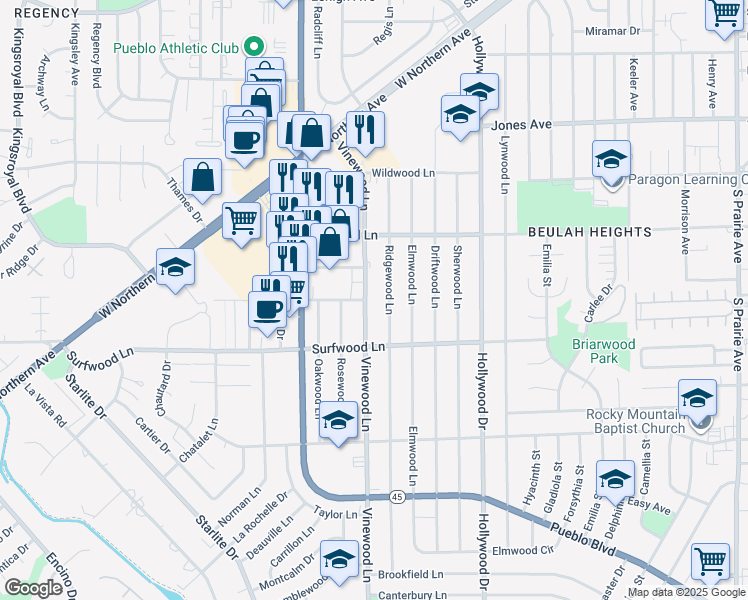 map of restaurants, bars, coffee shops, grocery stores, and more near 2048 Vinewood Lane in Pueblo