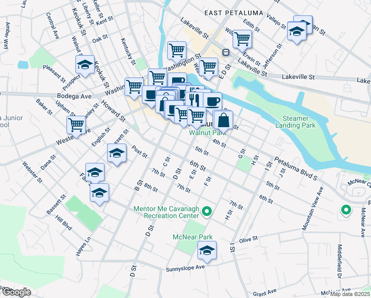 map of restaurants, bars, coffee shops, grocery stores, and more near in Petaluma