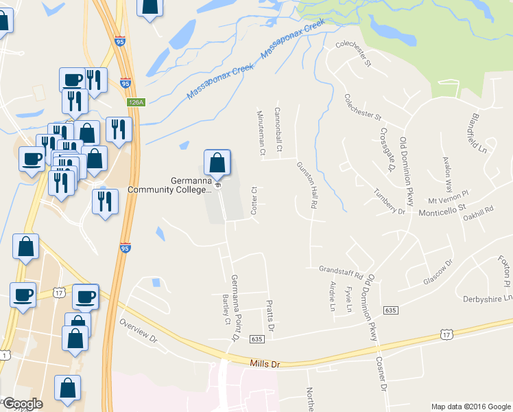 map of restaurants, bars, coffee shops, grocery stores, and more near 4504 Kay Court in Fredericksburg