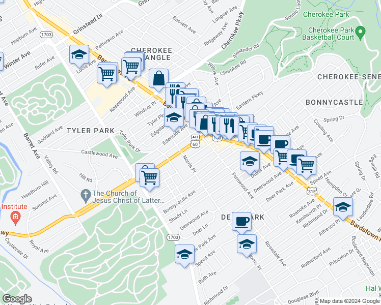 map of restaurants, bars, coffee shops, grocery stores, and more near 1724 Eastern Parkway in Louisville