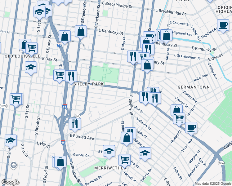 map of restaurants, bars, coffee shops, grocery stores, and more near 633 East Ormsby Avenue in Louisville